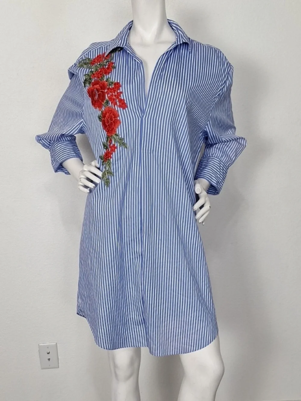 Zara Floral Embroidered Striped 3/4 Sleeve Coastal Boho Tunic Shirt Dress Size S